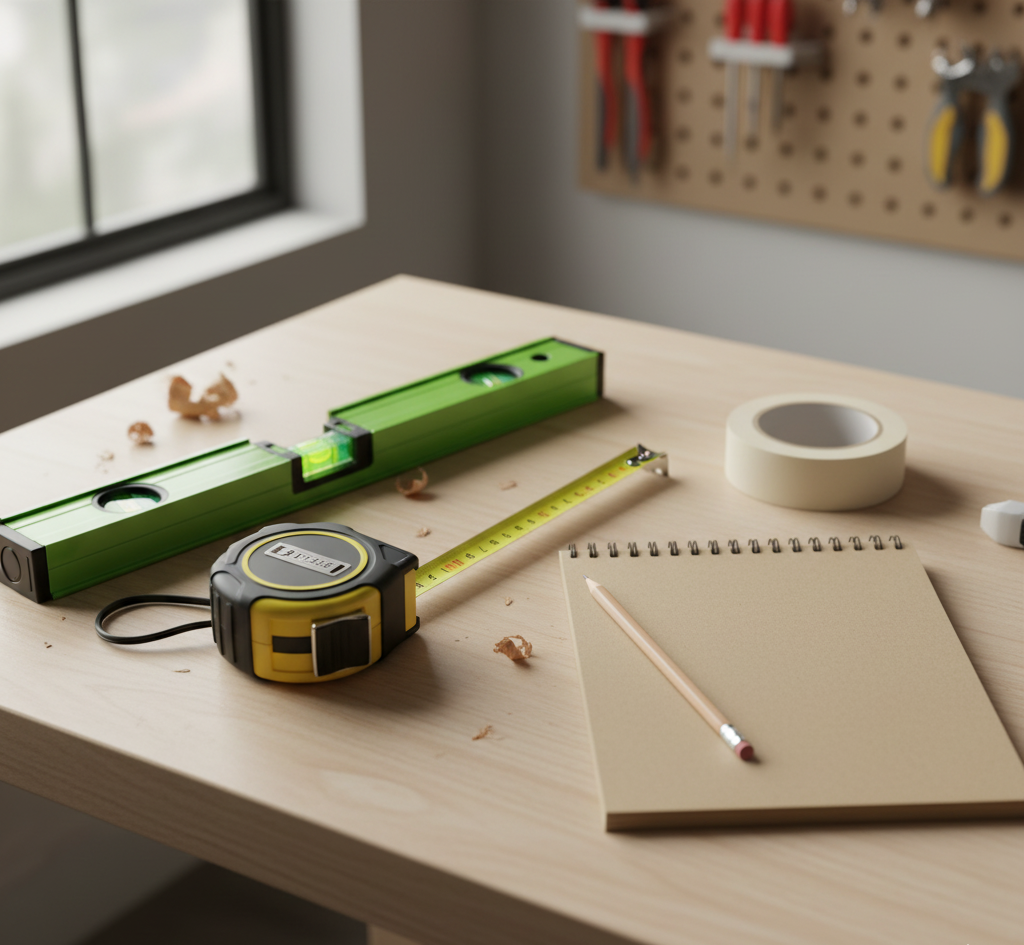 Tape measure Spirit level Notebook Pencil and masking tape on a table